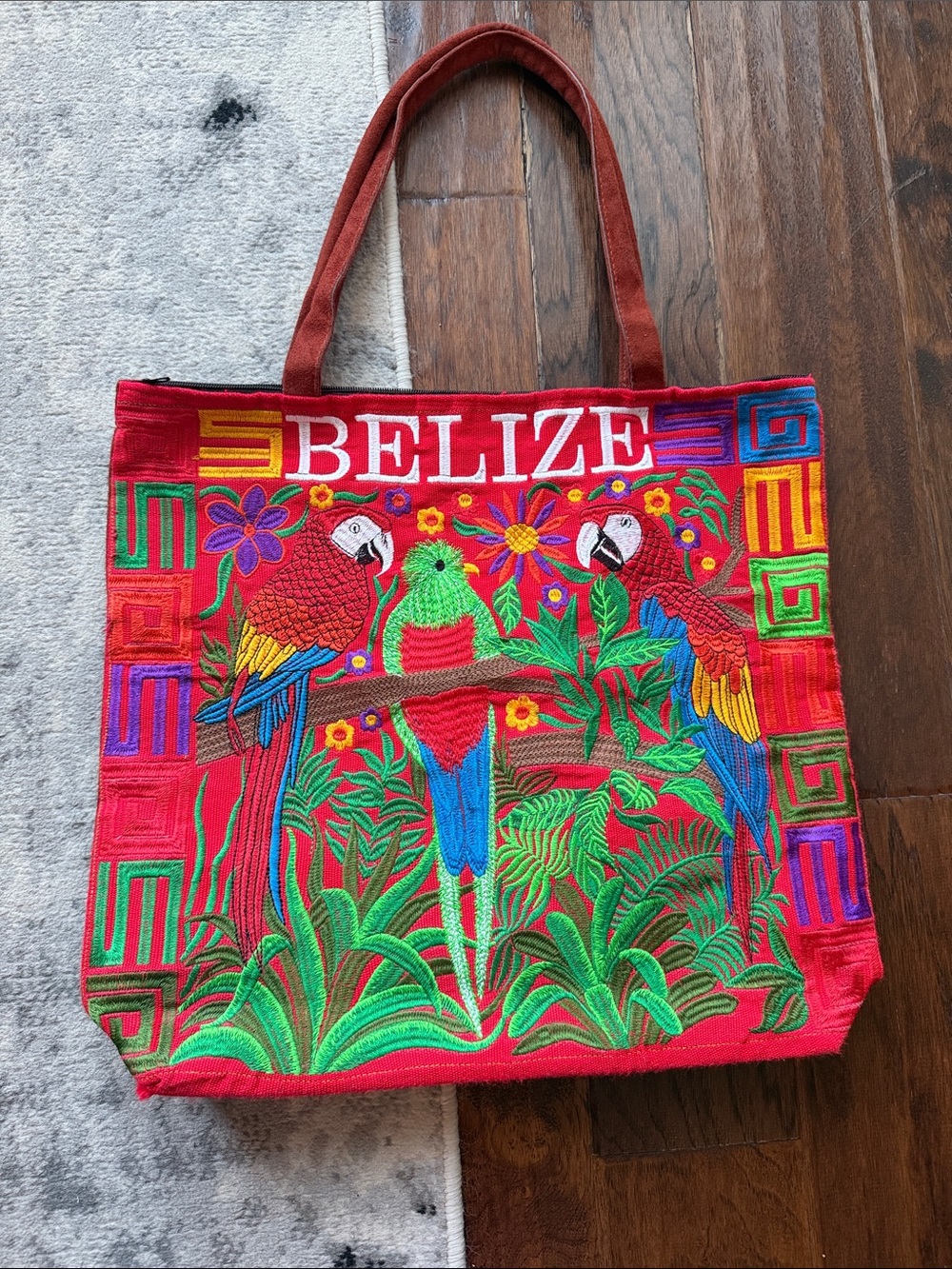 Red Embroidered Parrot Tote Bag